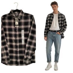 Eddie Bauer Flannel Shirt Black Plaid Men’s Size Small Outdoorsy Cabincore